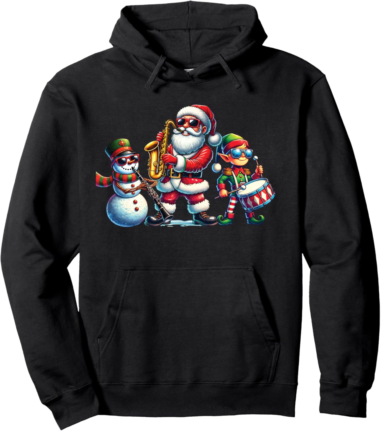 Elf Snowman and Santa Playing Marching Band Instruments Xmas Pullover Hoodie