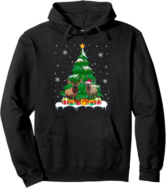 Elk Christmas Tree Lights Santa Reindeer Xmas PJs Pullover Hoodie