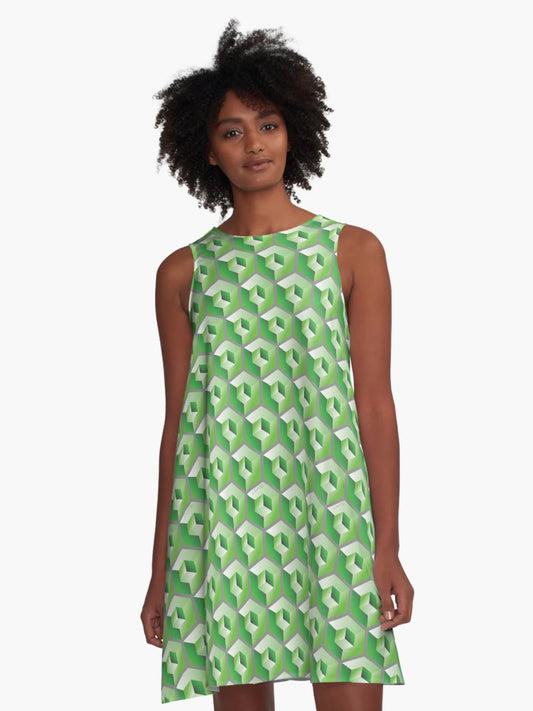 3D GREEN 'CUBE in CUBE' GEOMETRIC PATTERN ILLUSION on Gray Background (Cube v3 GREEN on GRAY) ©