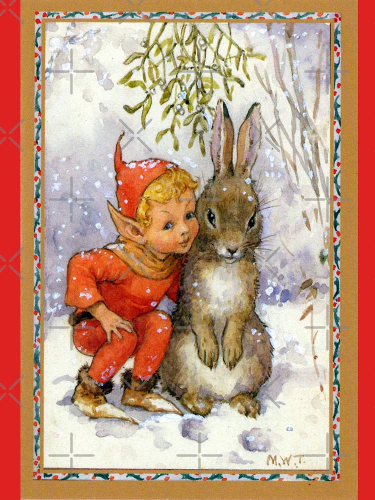 Elf and Rabbit Under Mistletoe Christmas - Margaret Tarrant
