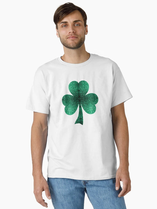 Emerald green shamrock clover faux sparkles St Patricks Day on turquoise (Photo of Glitter - Not Reflective)