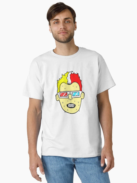 3D glasses wearing sweating cartoon head