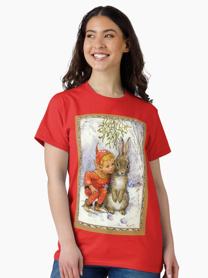 Elf and Rabbit Under Mistletoe Christmas - Margaret Tarrant