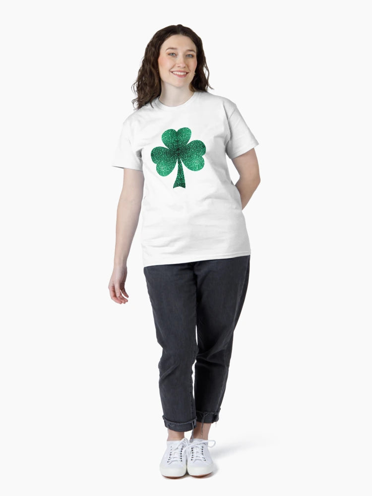 Emerald green shamrock clover faux sparkles St Patricks Day on turquoise (Photo of Glitter - Not Reflective)