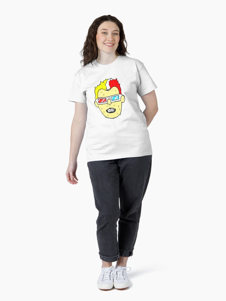 3D glasses wearing sweating cartoon head